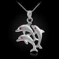 Sterling Silver Red CZ  Three Dolphins Pendant Necklace