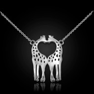 Sterling Silver Open Heart Kissing Giraffes Necklace