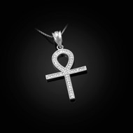 Sterling Silver Egyptian Ankh Cross CZ Pendant Necklace