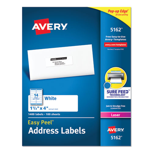 PK. Easy Peel Mailing Address Labels, Laser, 1 1/3 x 4, White, 1400/Box