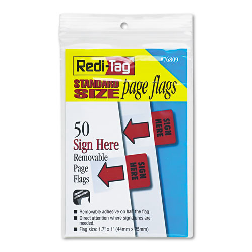 PK. Removable/Reusable Page Flags, "Sign Here", Red, 50/Pack
