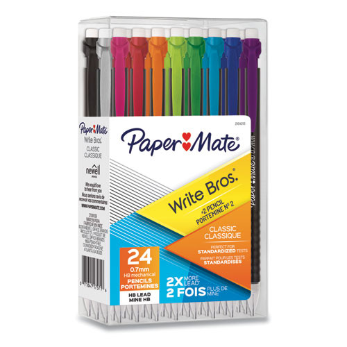 PK. Write Bros Mechanical Pencil, 0.7 mm, HB (#2), Black Lead, Black Barrel with Assorted Clip Colors, 24/Pack