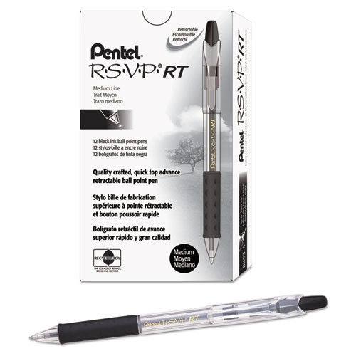 R.S.V.P. RT Retractable Ballpoint Pen, 1mm, Clear Barrel, Black Ink, Dozen