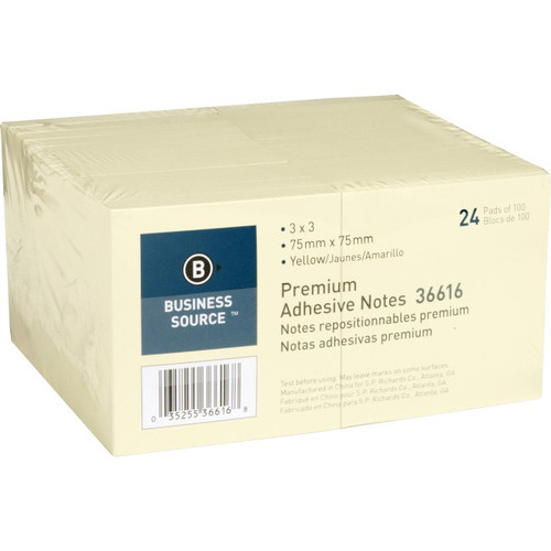 PK. Yellow Repostionable Adhesive Notes - 3" x 3" - Square - Yellow - Repositionable, Solvent-free Adhesive - 24 / Pack