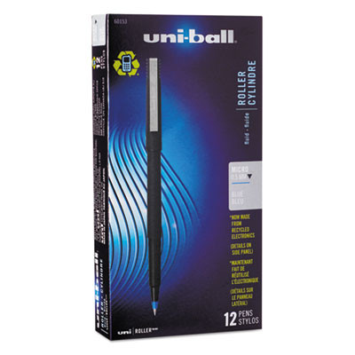 DZ. Stick Roller Ball Pen, Micro 0.5mm, Blue Ink, Black Matte Barrel, Dozen