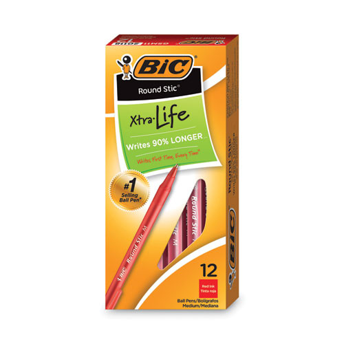 BX. Round Stic Xtra Life Ballpoint Pen, Red Ink, 1mm, Medium, Dozen