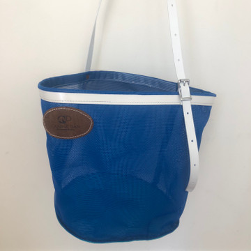 Blue mesh with white trim and turquoise base