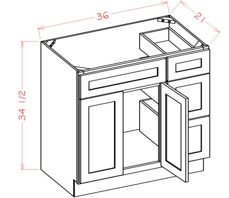 Shaker Black 36" Vanity Base Cabinet 3 Right Drawers, RTA Cabinet Co.-Madison, WI