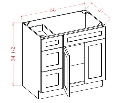 Verona White 36" Vanity Base Cabinet 3 Left Drawers, RTA Cabinet Co.-Madison, WI