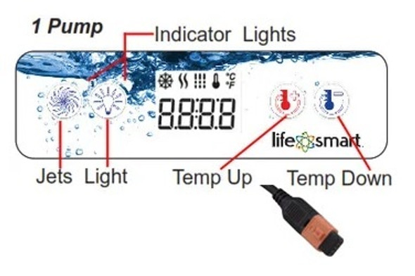 Current Version LifeSmart Spa Control Panel With 4 Button 6-3/8" x 2-1/4" With One Jet, Light, Temp Up, Temp Down Buttons LCD Display 110-120V Plug N Play Models