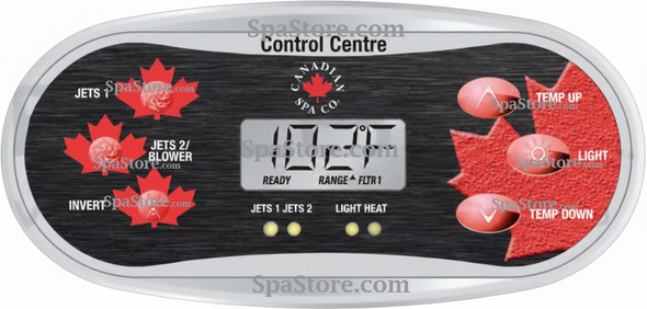 Canadian Spa Company Topside Control Panel 230V, Jets 1, Jets 2/ Blower, Invert,  Temp Up, Light, Temp Down New Version Replaced Original