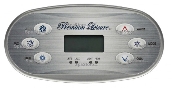 Current Version Premium Leisure Edge Spas Topside Control Panel 6 Buttons Jets, Aux, Light, Warm, Mode, Cool