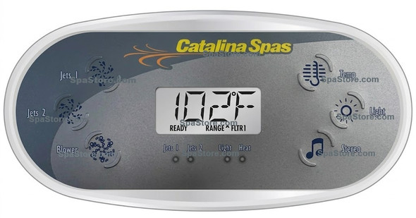 Catalina Spas Topside Control Panel 6 Buttons Jets 1, Jets 2, Blower, Temp, Light, Stereo New Version