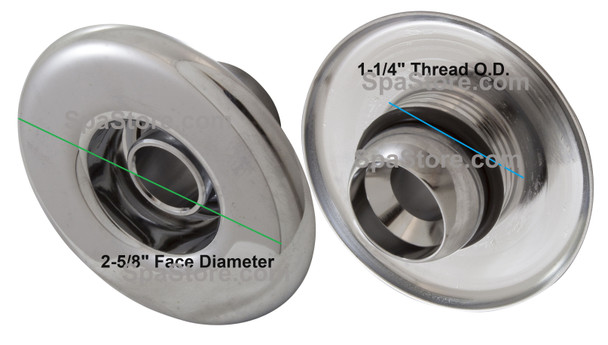 BathTub Jet Kit Chrome Whirlpool 2.5" Face Diameter, 1-1/4" Underside Thread O.D. Includes Nozzle, O-ring, Washer