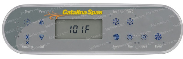 Catalina Spas Topside Control Panel 10 Buttons Time, Warm, Jets 1, Jets 2, Mode/Prog, Cool, Invert, Fiber, Light, Blower, 11-5/8" x 3-1/8"