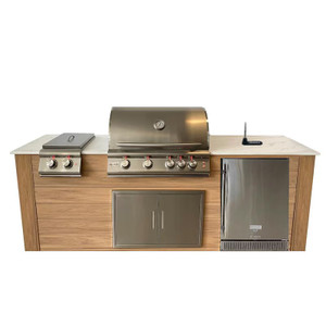 Pro-Fit 8-Foot Outdoor Kitchen Island W/ Blaze Premium LTE 32-Inch Propane Gas Grill, Double Side Burner, Refrigerator & Beverage Dispenser - Golden Cypress / Bianco Giulia A Satin Pro-Fit 8-Foot Outdoor Kitchen Island W/ Blaze Premium LTE 32-Inch Propane Gas Grill, Double Side Burner, Refrigerator & Beverage Dispenser - Golden Cypress / Bianco Giulia A Satin