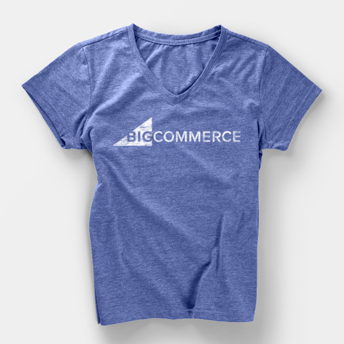 Blue v-neck t-shirt with a white BigCommerce logo across the front.