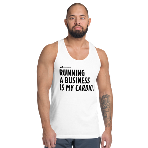 Unisex Slogan Tank with text "Running a business is my cardio" front view on a large model.
