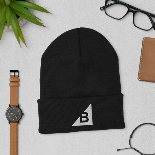 White B Mark Logo Beanie, front view laying flat.
