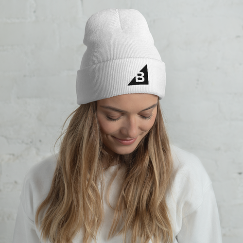 White B Mark Logo Beanie, front view on a model.