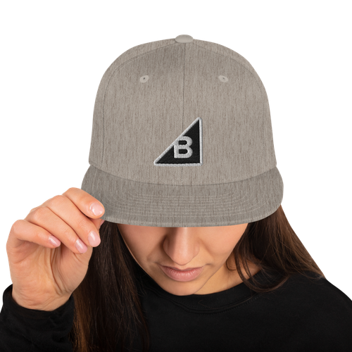 Heather Gray B Mark Hat front view, on a model.