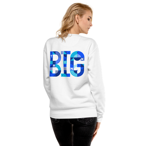 Think Big white unisex sweatshirt back view, on a small model.