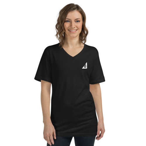 B Mark Unisex Short Sleeve V-Neck T-Shirt front view on small model.