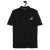 Men's B Mark polo t-shirt front view, on a hanger.