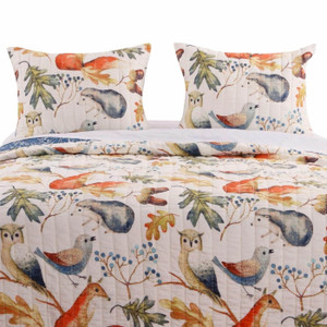 King 3 Piece Blue Beige Birds Animals Floral Microfiber Reversible Quilt Set Q280-KIHA9866