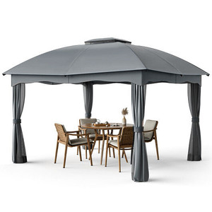 12 x 10 Feet Canopy Double Vented Heavy Duty Steel Gazebo-Gray - Color: Gray D681-NP10383GR