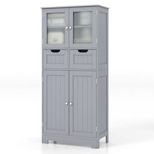 4 Door Freee-Standing Bathroom Cabinet with 2 Drawers and Glass Doors-Gray - Color: Gray D681-JV10643GR 4 Door Freee-Standing Bathroom Cabinet with 2 Drawers and Glass Doors-Gray - Color: Gray D681-JV10643GR