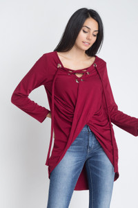 Women's Lace Up Wrap Long Sleeve Top T396-CFG0315184-GRY-SM