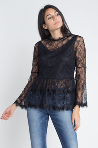 Women's Semi Lace Zipper Back Flare Sleeve Blouse T396-MM3197161-BLK-S