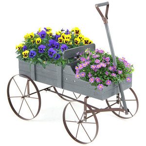 Wooden Wagon Plant Bed with Metal Wheels for Garden Yard Patio-Gray - Color: Gray D681-GT3662GR