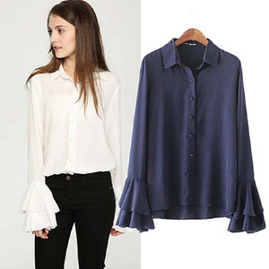 Size: Large,Color: Club Blue - LaBella Chiffon Bell Sleeves Shirt K290-41467754384