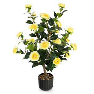 38 Inch Artificial Camellia Tree Faux Flower Plant in Cement Pot-Yellow - Color: Yellow D681-HZ10188YW-1