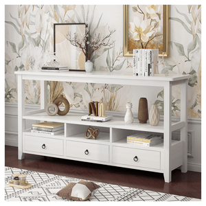 3 Tier Vintage Solid Console Table with 3 Drawers and Shelves, Industrial Console Table Coffee Tabl T575-S0671270962 3 Tier Vintage Solid Console Table with 3 Drawers and Shelves, Industrial Console Table Coffee Tabl T575-S0671270962