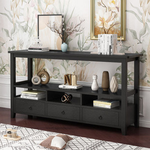 3 Tier Vintage Solid Console Table with 3 Drawers and Shelves, Industrial Console Table Coffee Tabl T575-S0671269869 3 Tier Vintage Solid Console Table with 3 Drawers and Shelves, Industrial Console Table Coffee Tabl T575-S0671269869