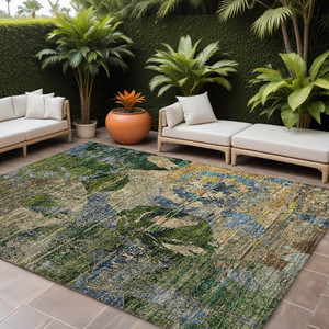 10' X 14' Taupe Blue and Green Floral Washable Non Skid Indoor Outdoor Area Rug N270-562793