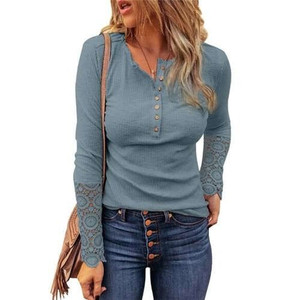 Solid Color Lace Sleeves Design Casual Fashion Women Top/ T-shirt - Blue A392-fast0177
