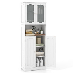 64.5 Inches Tall Bathroom Storage Cabinet with Frost Glass Doors and Shelves-White - Color: White D681-JV11752WH