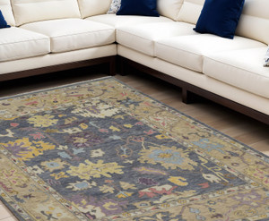 9' X 13' Gold Blue and Purple Wool Oriental Hand Knotted Area Rug With Fringe N270-566244