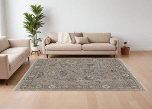 9' X 13' Gray and Brown Wool Oriental Hand Knotted Area Rug With Fringe N270-566791