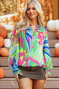 Green Abstract Print Ruffled Sleeve Buttoned V Neck Blouse T543-8773777850610