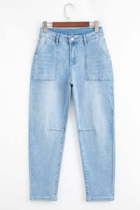 Beau Blue High Rise Barrel Relaxed Patch Pocket Jeans T543-8783307079922