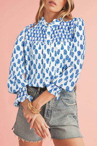 Sky Blue Boho Floral Printed Lantern Sleeve Frilled Neck Shirred Shirt T543-8797486579954