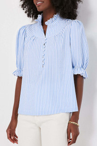 Sky Blue Stripe Ruffled Collar Puff Sleeve Half Buttons Blouse T543-8784215867634