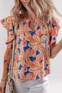 Orange Summer Flower Print Notched Neck Ruffle Sleeve Blouse T543-8782348026098