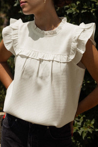 White Solid Color Ruffle Trim Waffle Knit Blouse T543-8794167345394