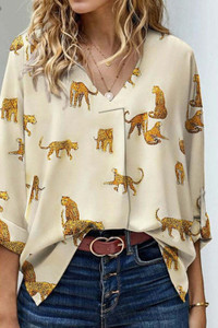 Apricot Printed Leopard Print Tab Sleeve Loose Fit V Neck Blouse T543-8783362130162